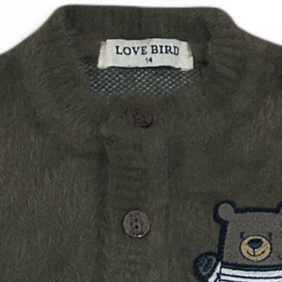 Love Bird Fuzzy Knit Kids Cardigan Brown Plaid Teddy Bear Patch Soft Angora Feel - Picture 5 of 7